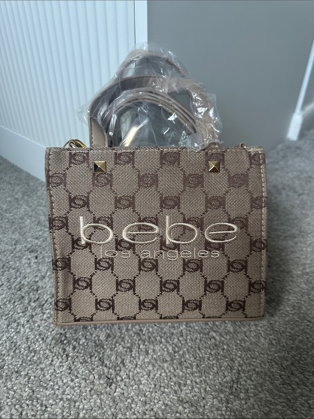 bebe Talulla Mini Satchel Beige Tan Logo Mini Tote with Gold Accents